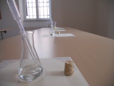 Auf einem Tisch stehen mehrere kleine Glasfläschchen mit einer klaren Flüßigkeit darin. Daneben liegt ein Korken.