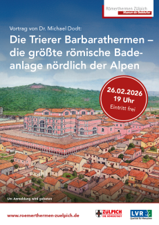 Plakat für einen Vortrag in den Römerthermern Zülpich mit Blick auf eine Brücke, der Pont du Gard in Südfrankreich.