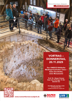 Plakat für einen Vortrag in den Römerthermern Zülpich mit Blick auf einen antiken Kalkofen, um den Besuchende stehen.