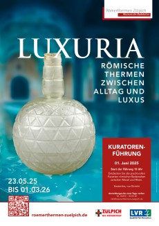 Ein Plakat zeigt ein römisches Glasgefäß vor blauem Hintergrund. Auf dem Plakat sind die Informationen zur Kuratorenführung am 01 Juni 2026 genannt.